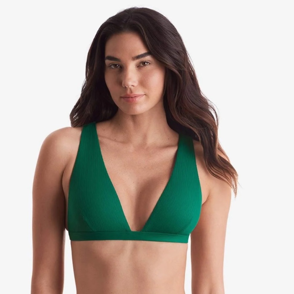 Mimi Flamingo Dakota Plunge Bikini Top in Emerald Lido Rib